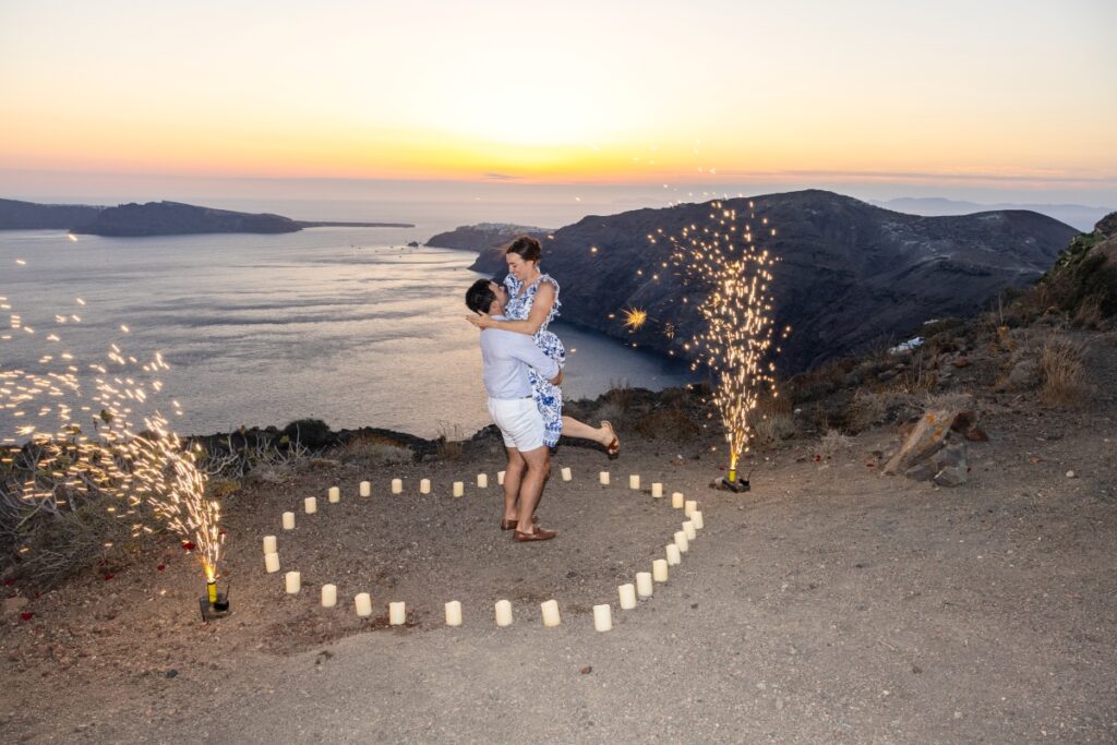 ⭐⭐⭐⭐⭐We chose Profitis Elias in Imerovigli for our proposal and it was absolutely magical. The panoramic views over the caldera and Aegean Sea were breathtaking — like something out of a fairytale. When I asked her to marry me at sunset, the sky turned golden and we felt like we were on top of the world. Truly unforgettable.